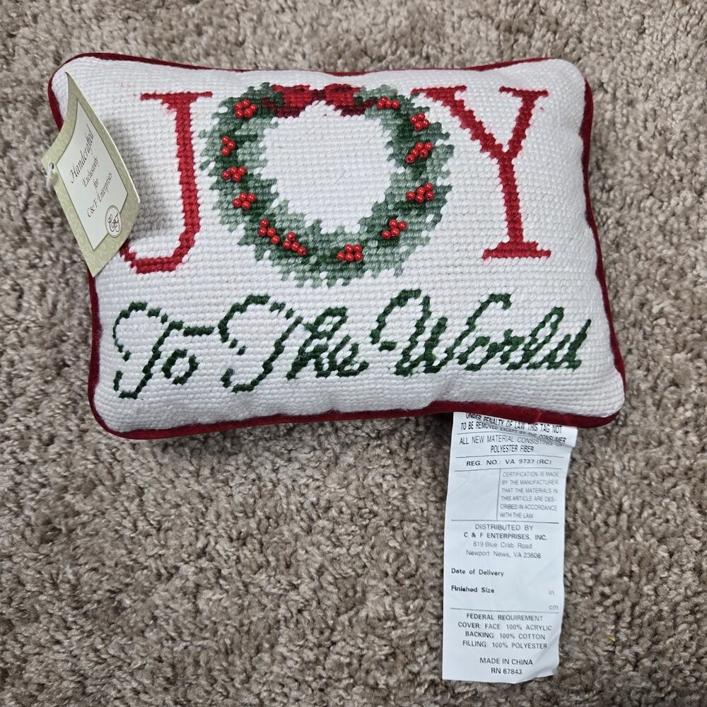 Joy to the World Needlepoint Small Pillow Beaded Wreath Berries Christmas By CF